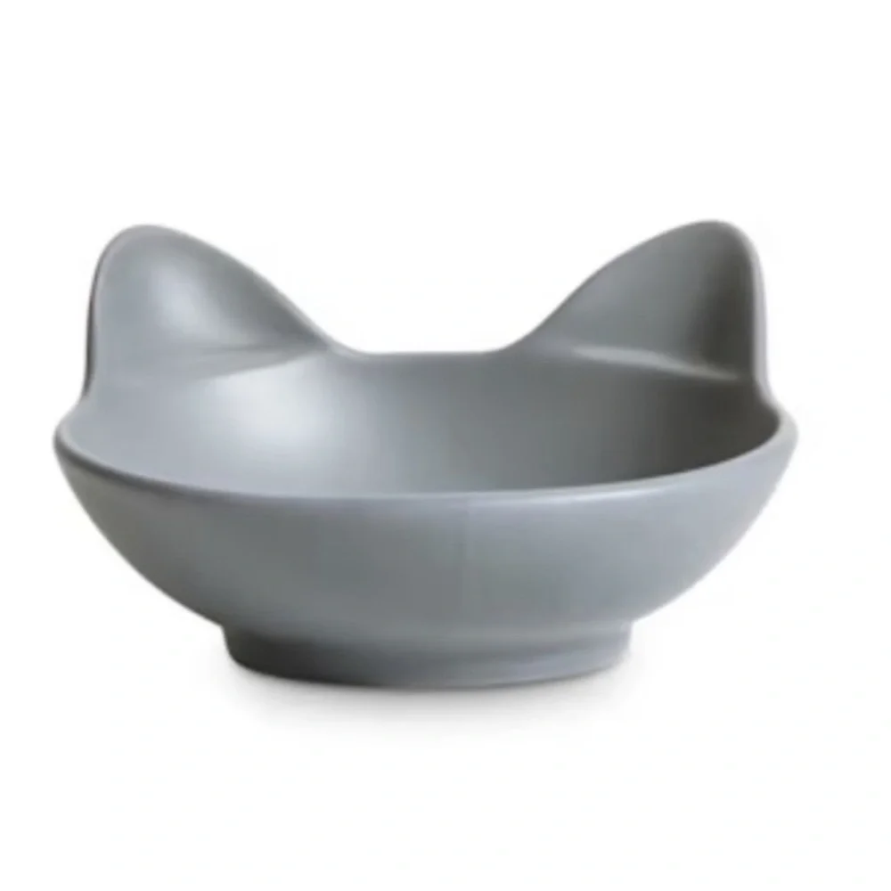 Cat Bowl Feeding Set (2)•Grey•Cat Head-Shaped Satin Stoneware•Dishwasher Safe